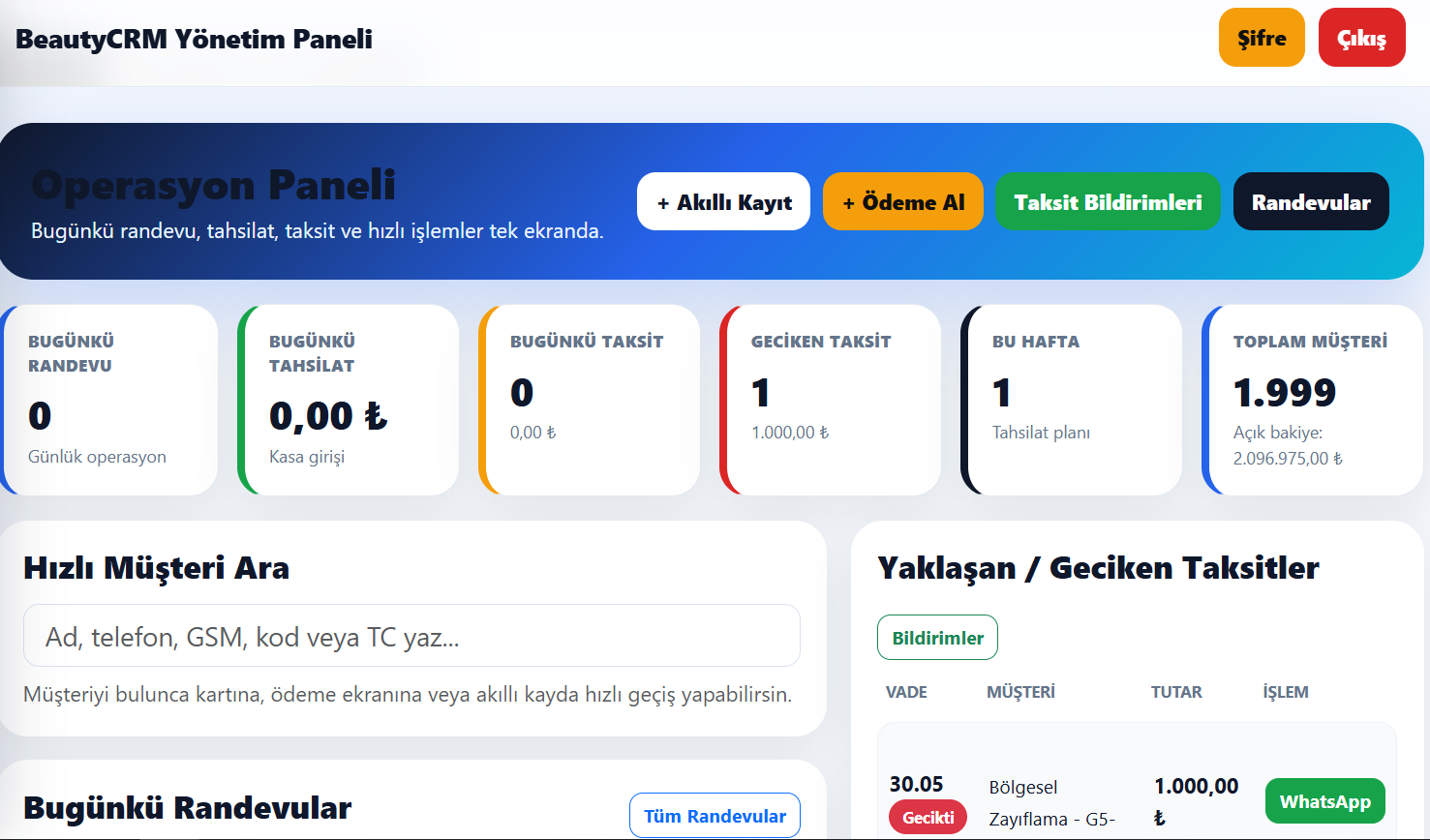 BeautyCRM operasyon paneli