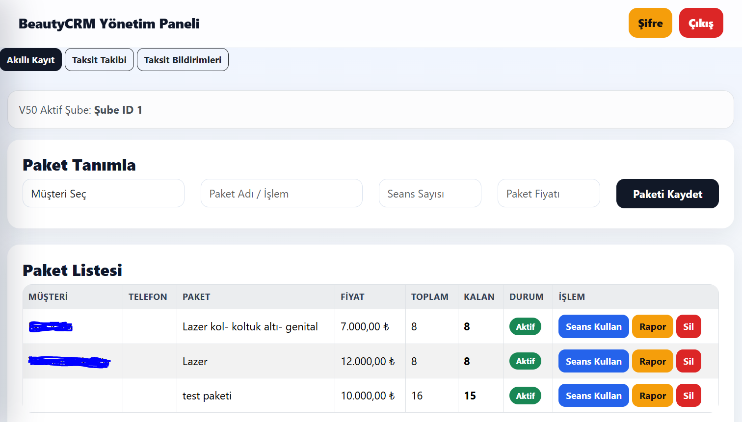 BeautyCRM paket ekranı