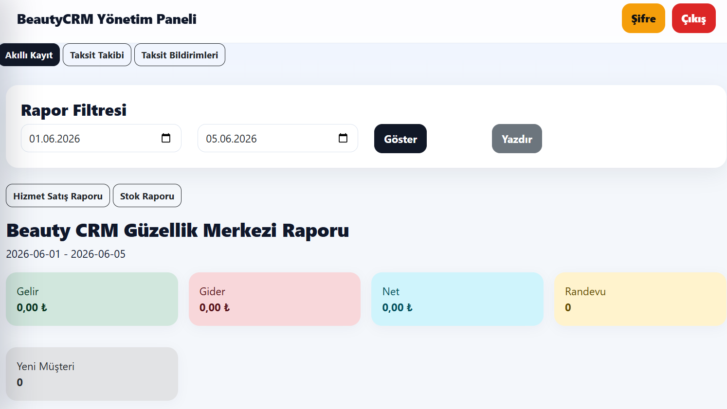 BeautyCRM rapor ekranı